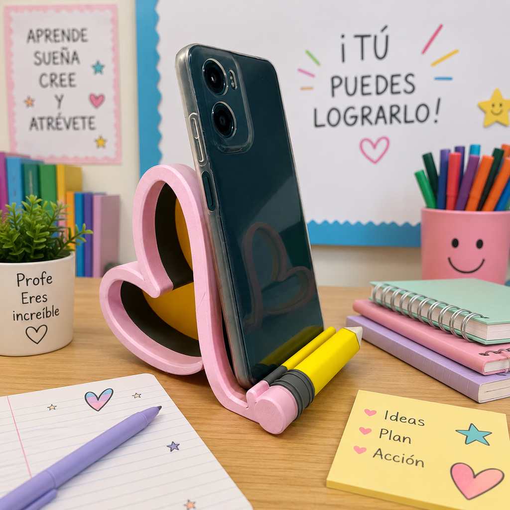 Base para Celular en Forma de Corazón con Colores de Lápiz